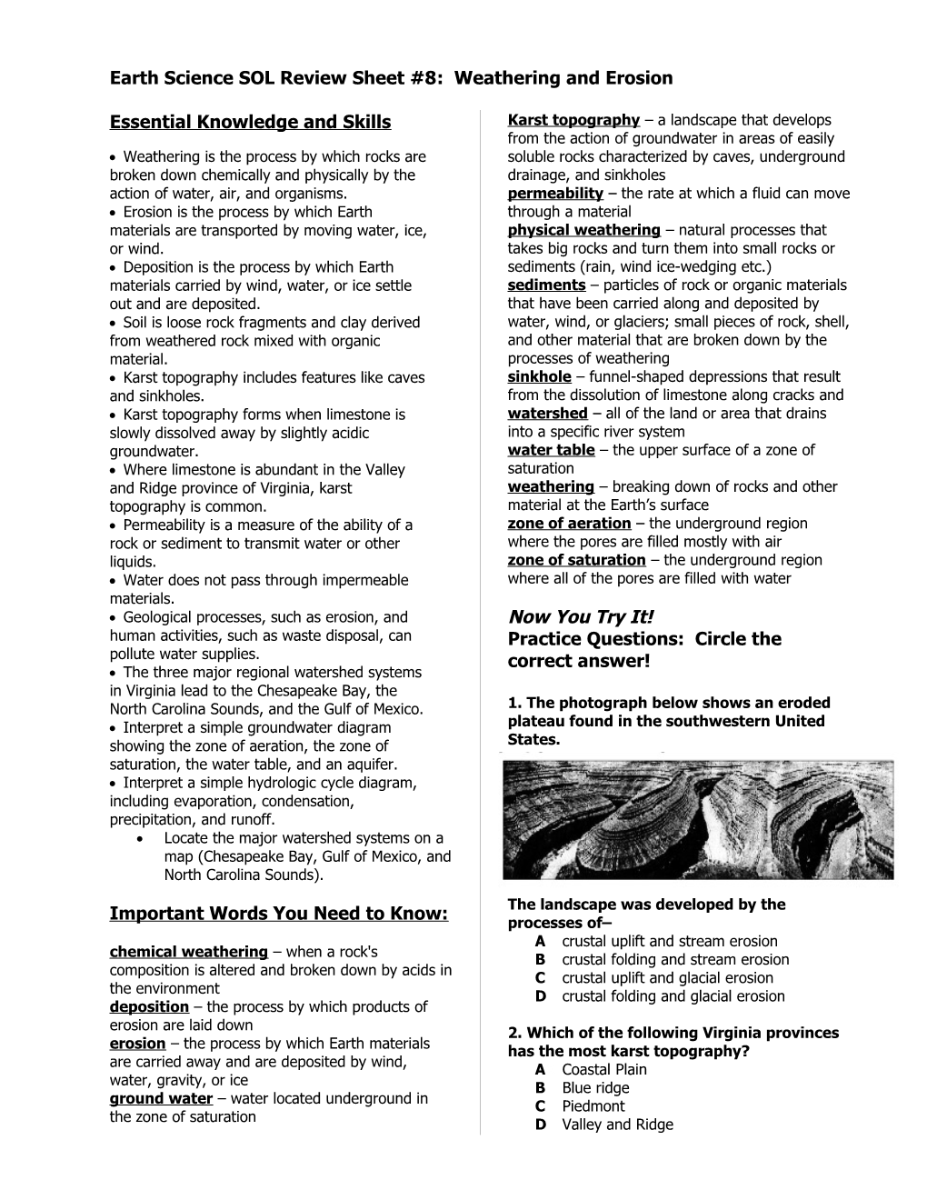 Earth Science SOL Review Sheet #1