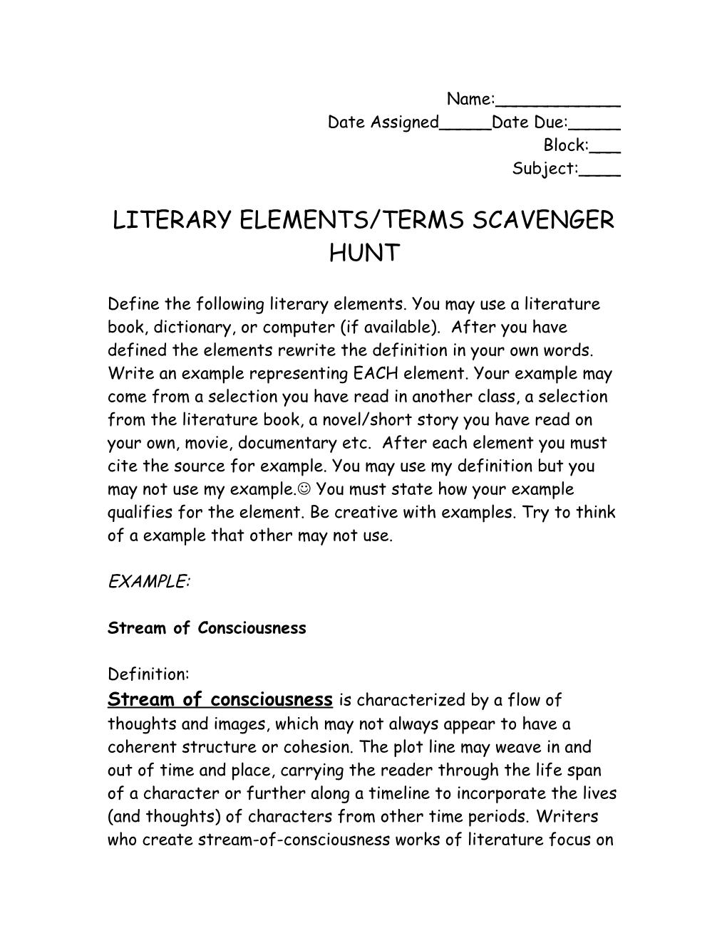 Literary Elements/Terms Scavenger Hunt