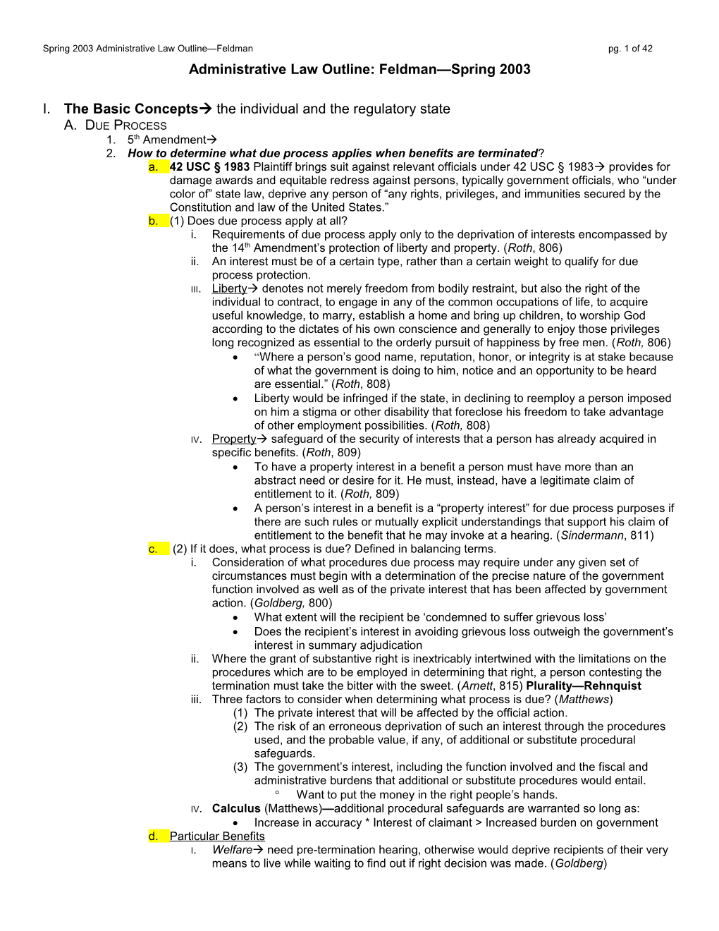 Administrative Law Outline: Feldman Spring 2003