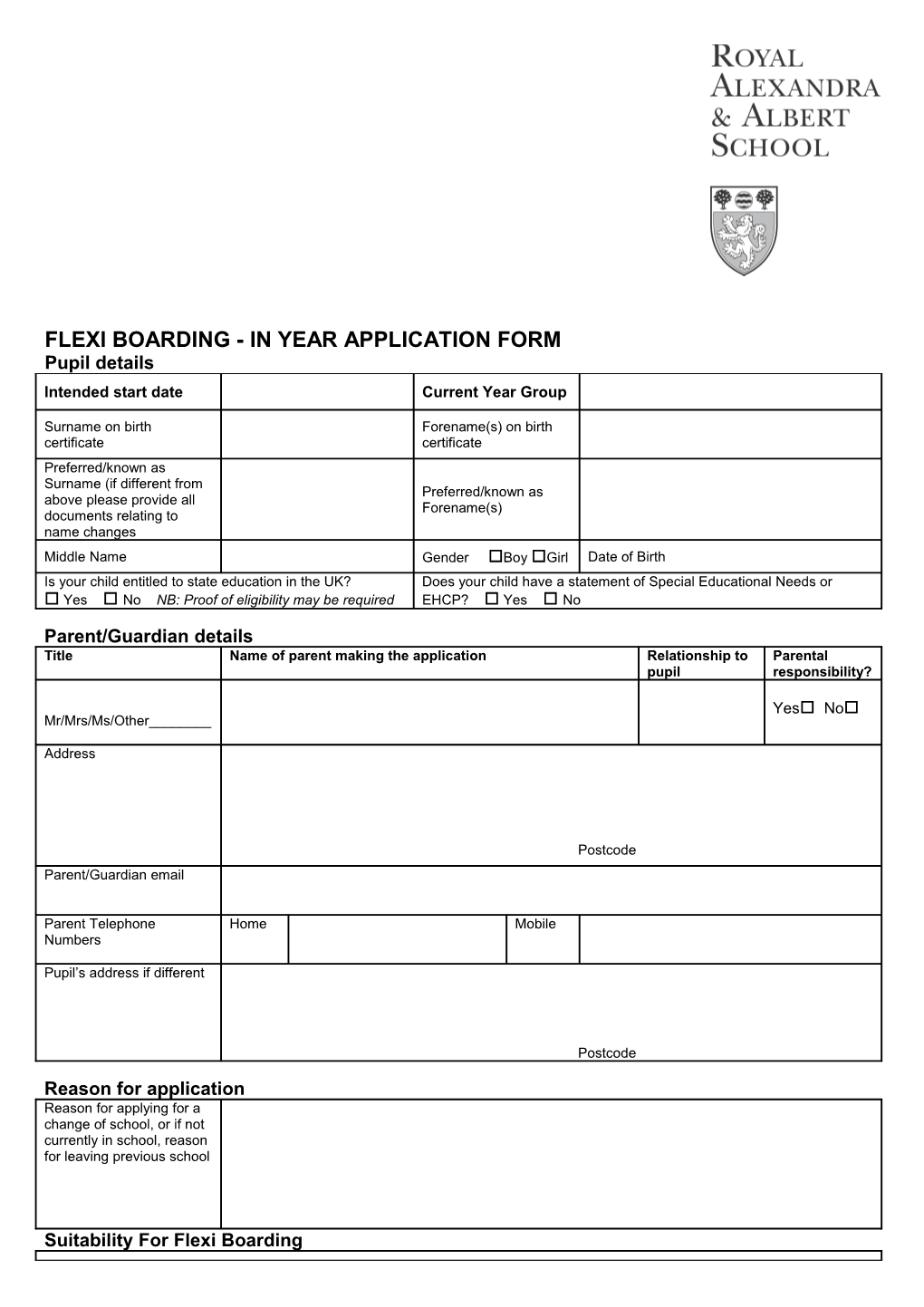 Flexiboarding - in Year Application Form