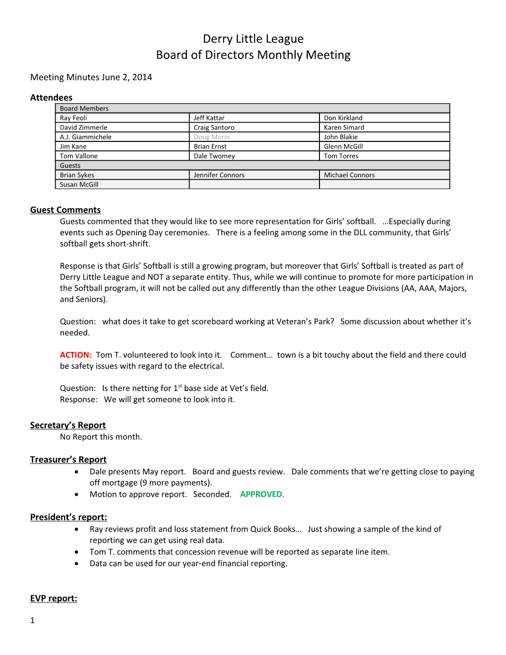 Derry Little League Board of Directors Monthly Meeting