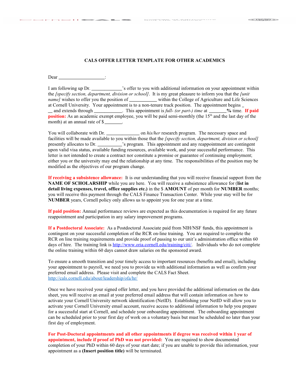 Cals Offer Letter Template for Other Academics