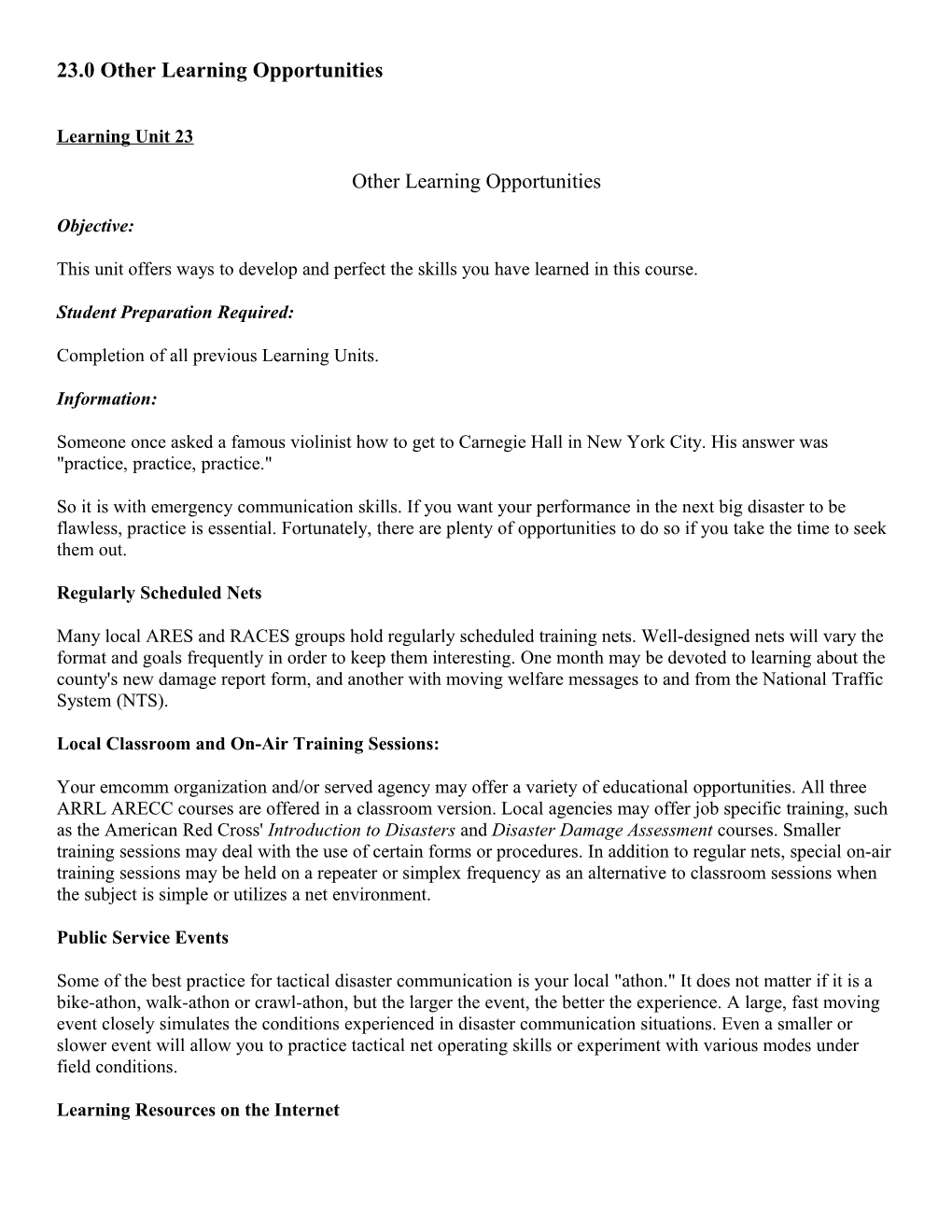 23.0 Other Learning Opportunities