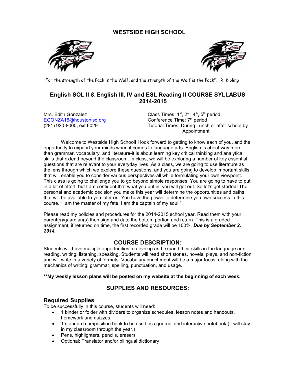 English SOL II & English III, IV and ESL Reading II COURSE SYLLABUS 2014-2015