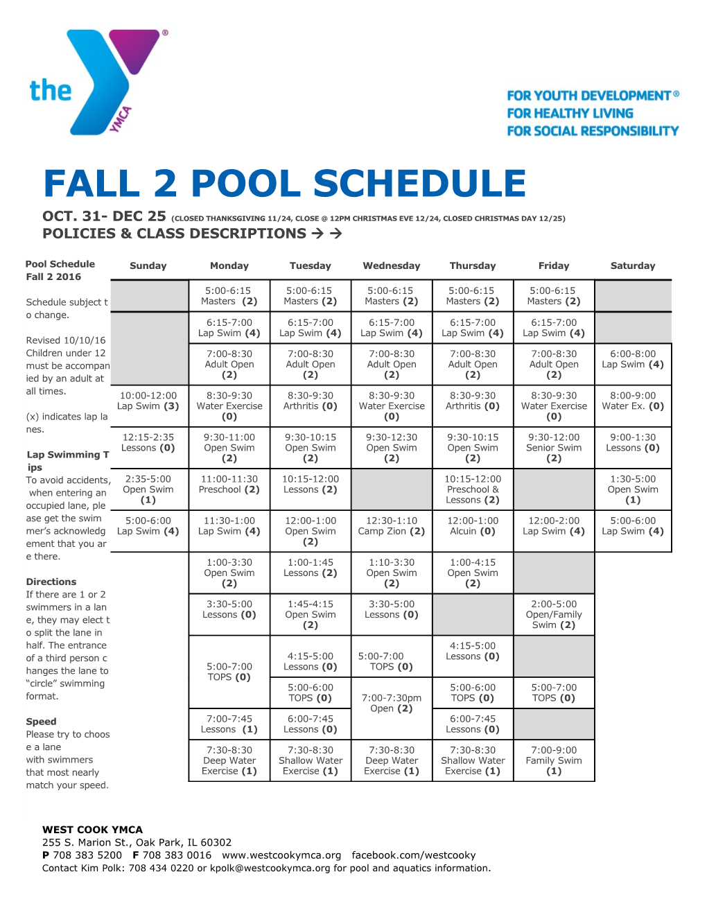 Fall 2 Pool Schedule