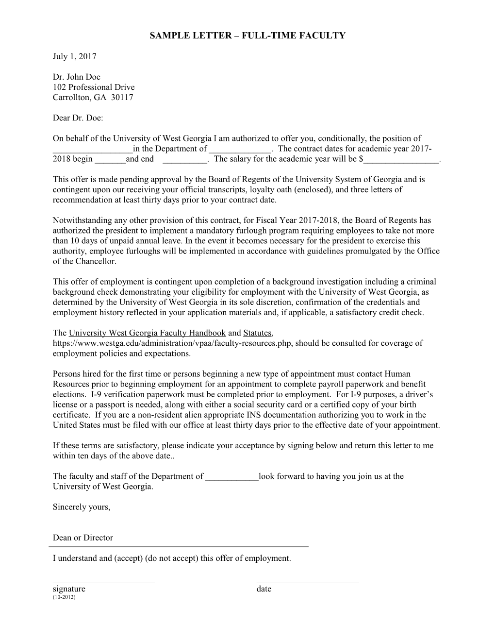 Sample Letter Full-Time Faculty