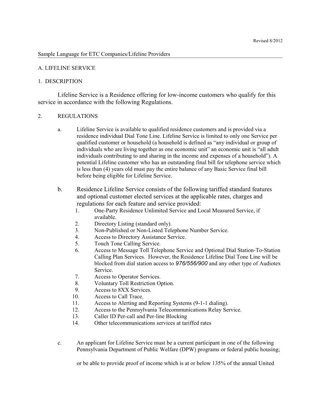 Sample Language for ETC Companies/Lifeline Providers