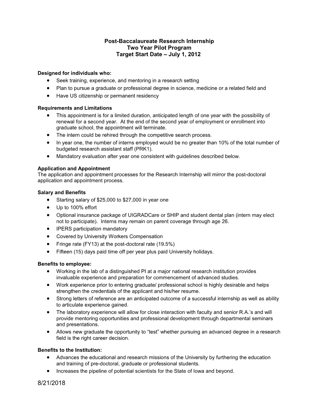 Post-Baccalaureate Research Internship