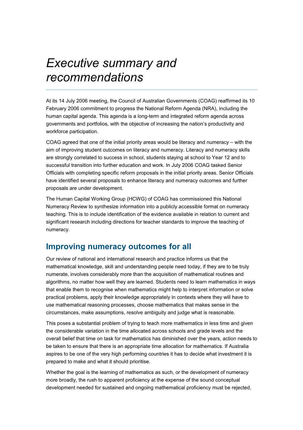 Executive Summary and Recommendations