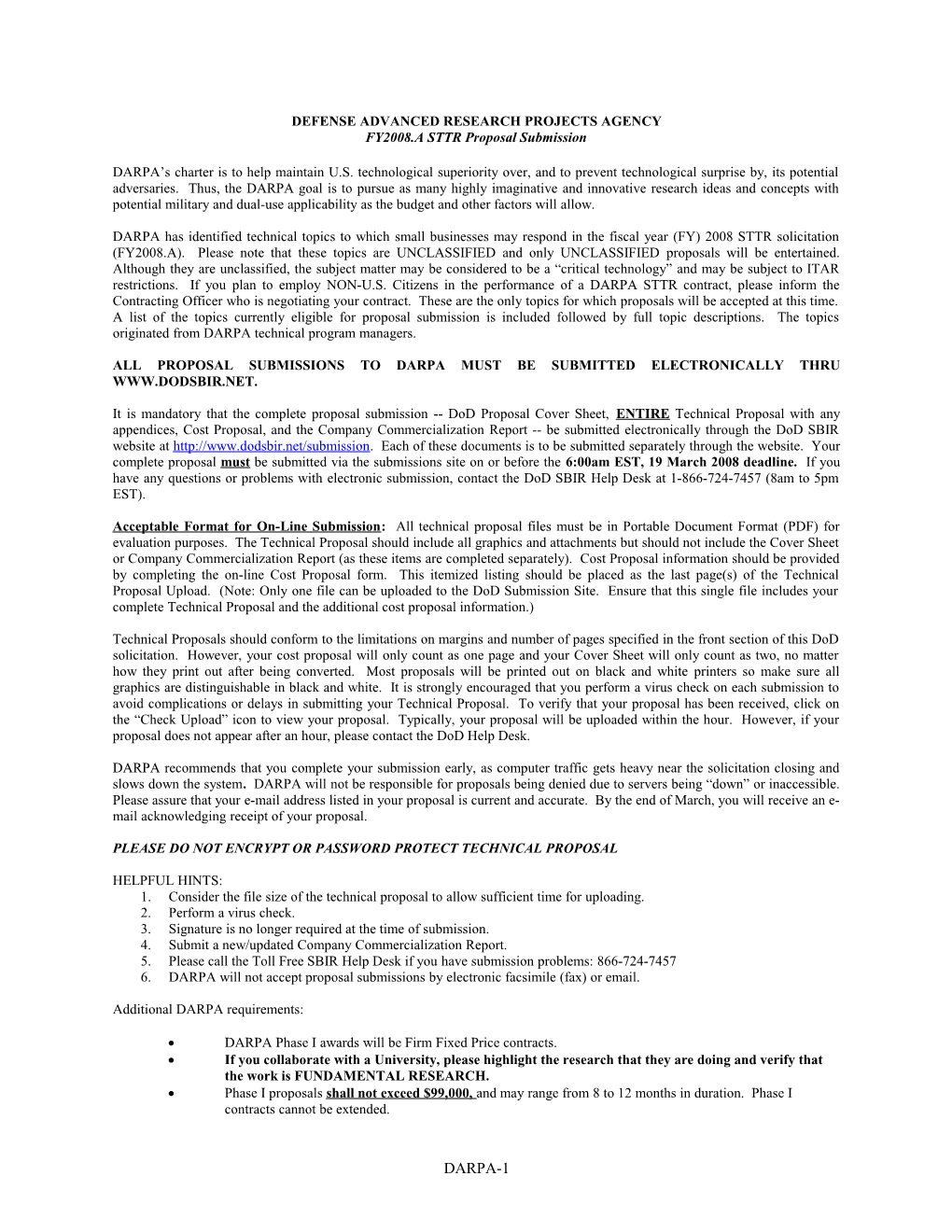 DARPA SBIR 08 Topic Index