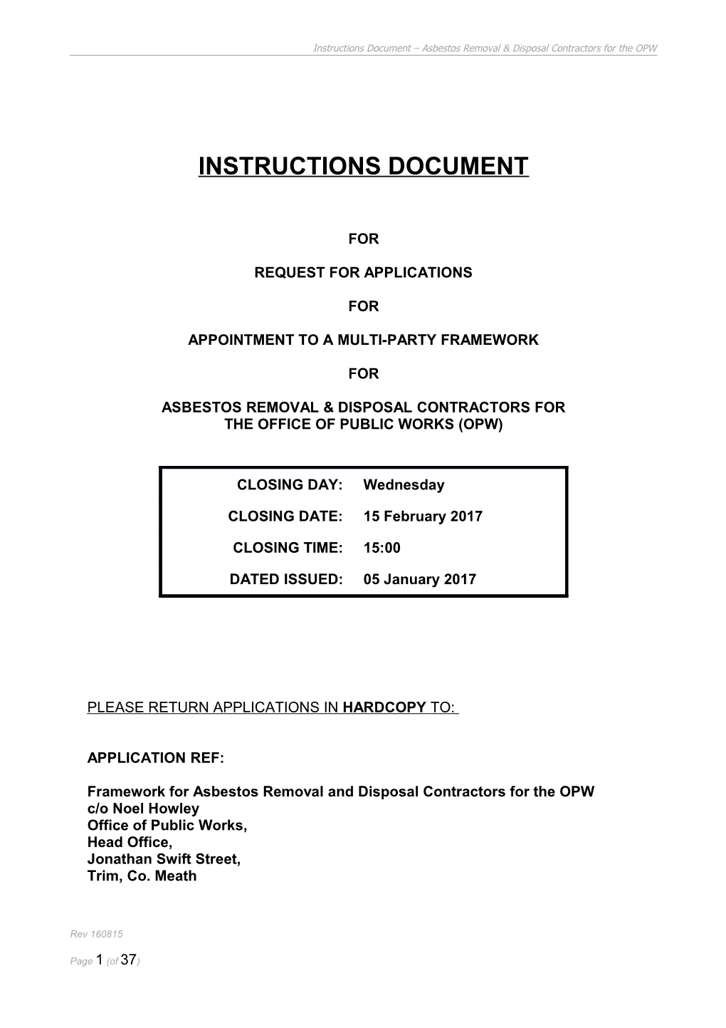 Instructions Document Plant Hire Services 2016 Framework