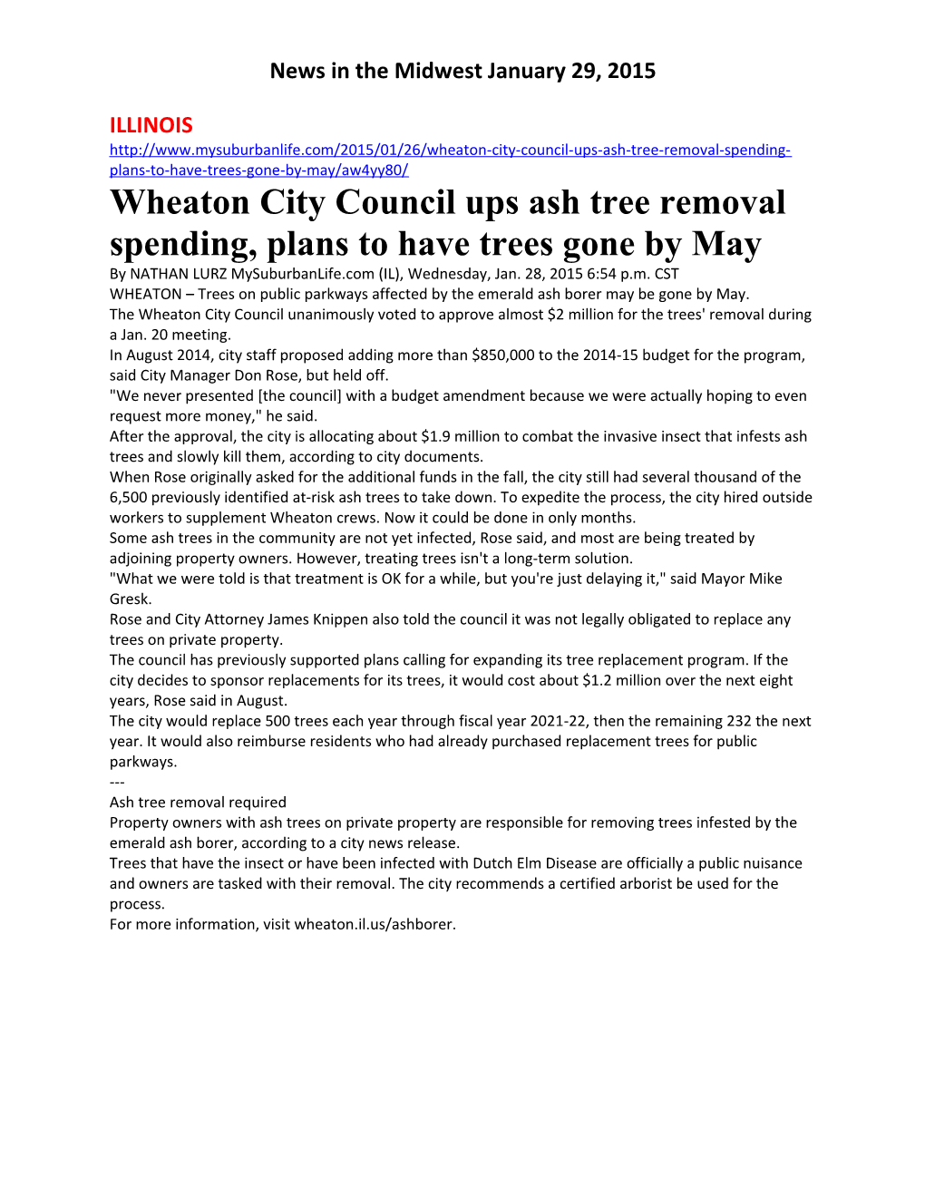 Wheaton City Council Ups Ash Tree Removal Spending, Plans to Have Trees Gone by May