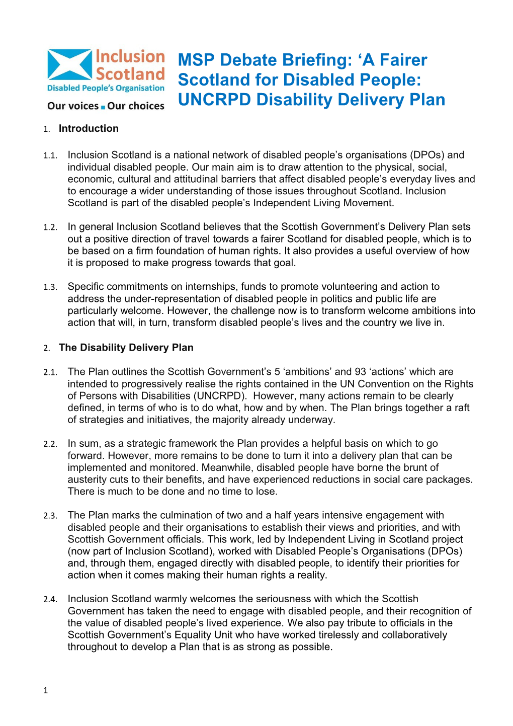 MSP Debate Briefing: a Fairer Scotland for Disabled People: UNCRPD Disability Delivery Plan