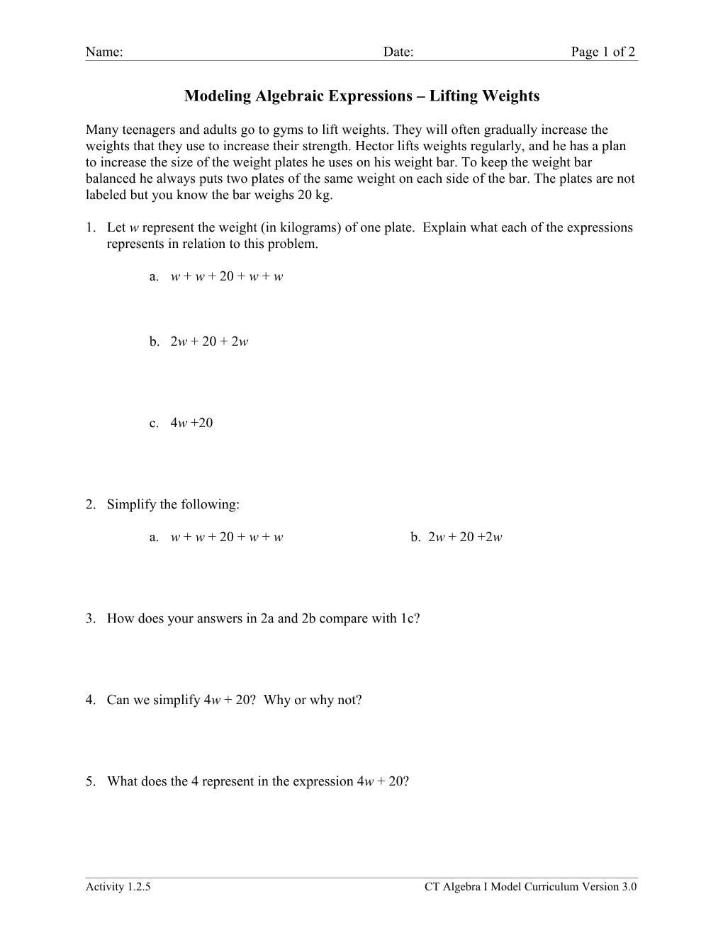 Modeling Algebraic Expressions Lifting Weights s2