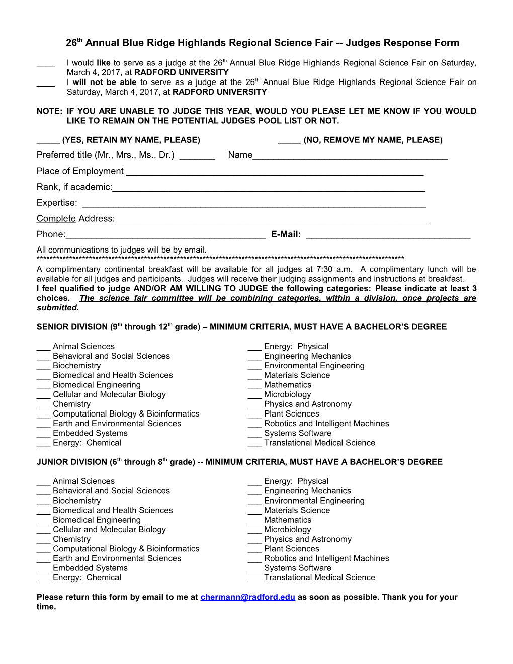 26Thannual Blue Ridge Highlands Regional Science Fair Judges Response Form