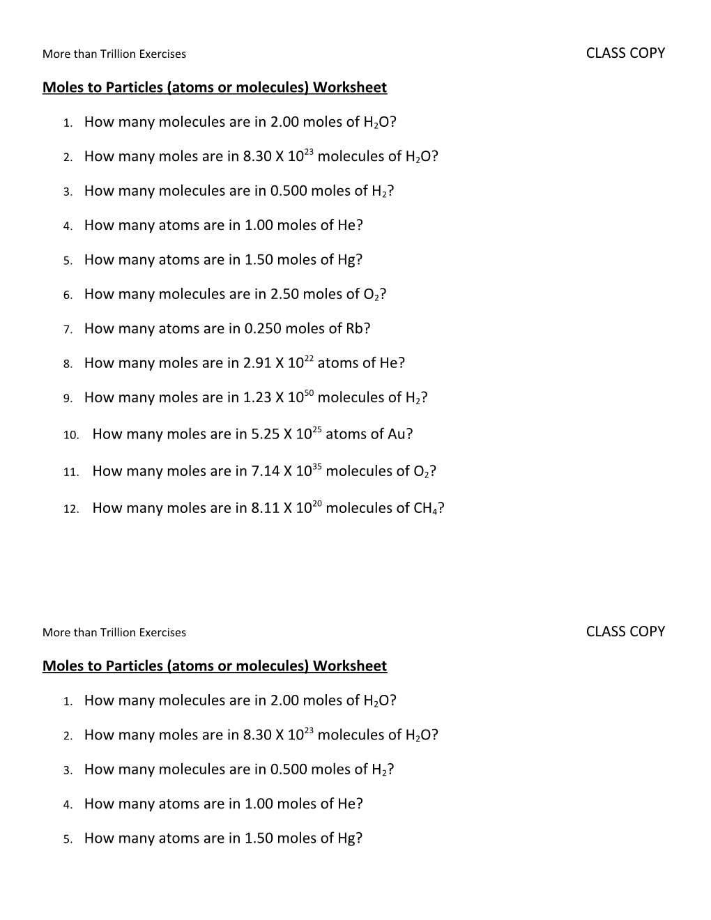 Moles to Particles (Atoms Or Molecules) Worksheet