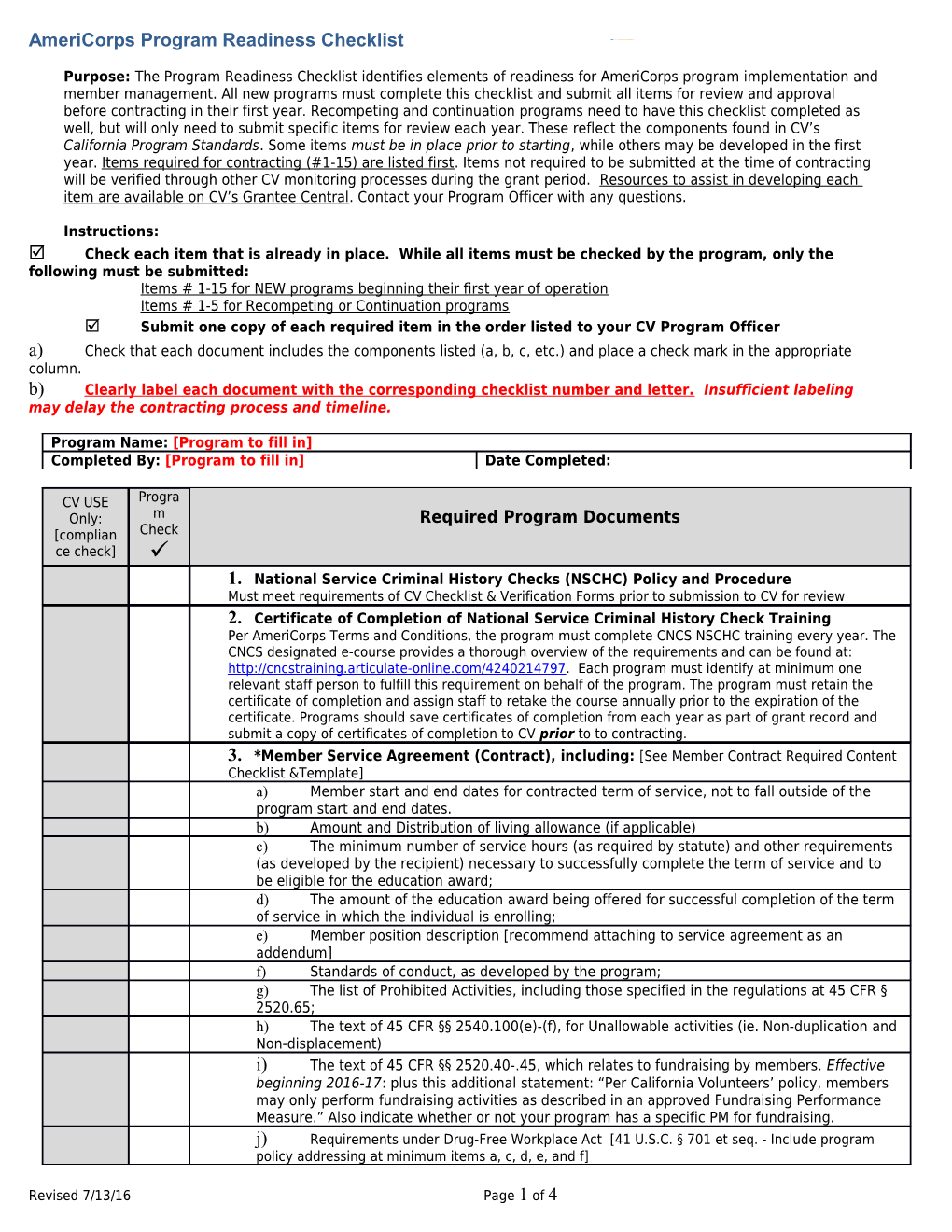 Americorps Program Readiness Checklist