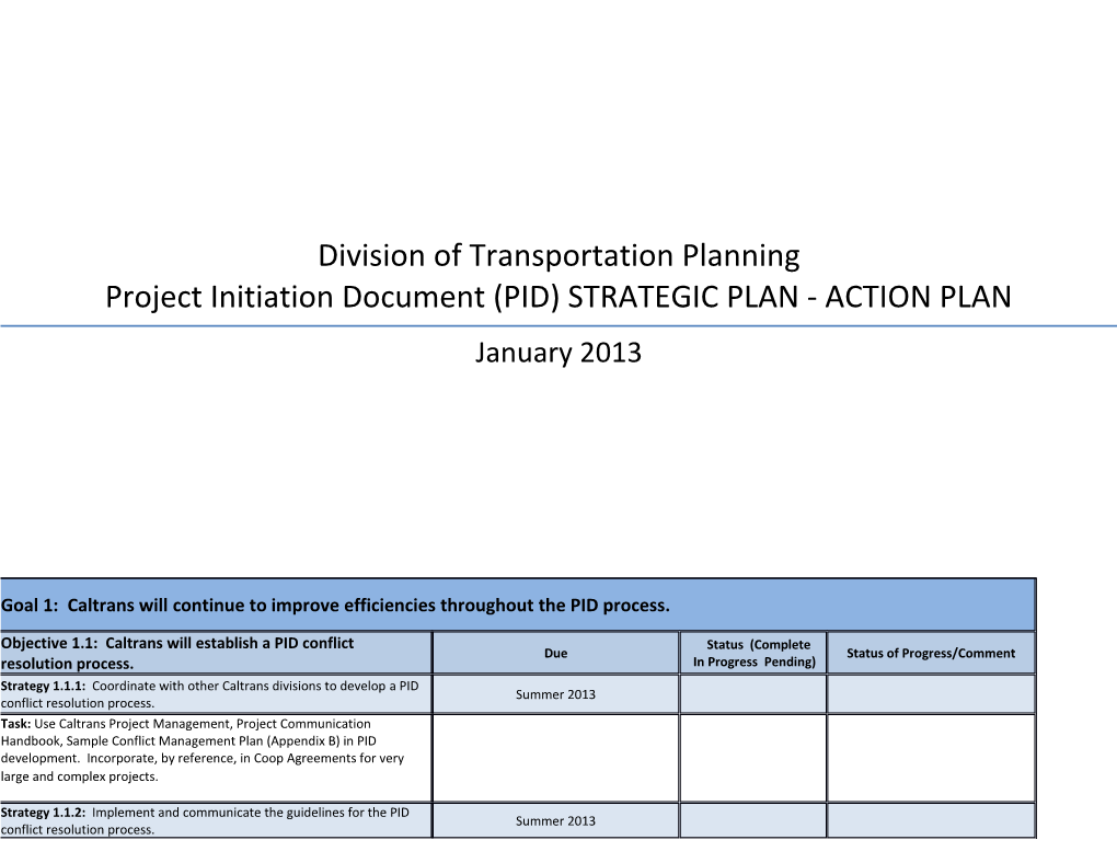 Division of Transportation Planning Project Initiation Document (PID) STRATEGIC PLAN