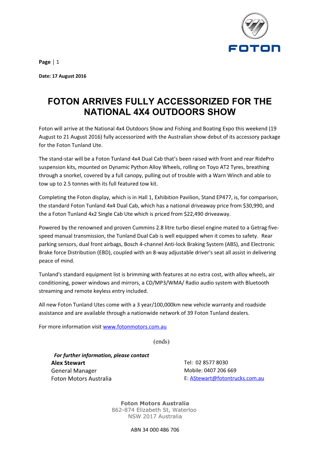 Foton Arrives Fully Accessorized for the National 4X4 Outdoors Show