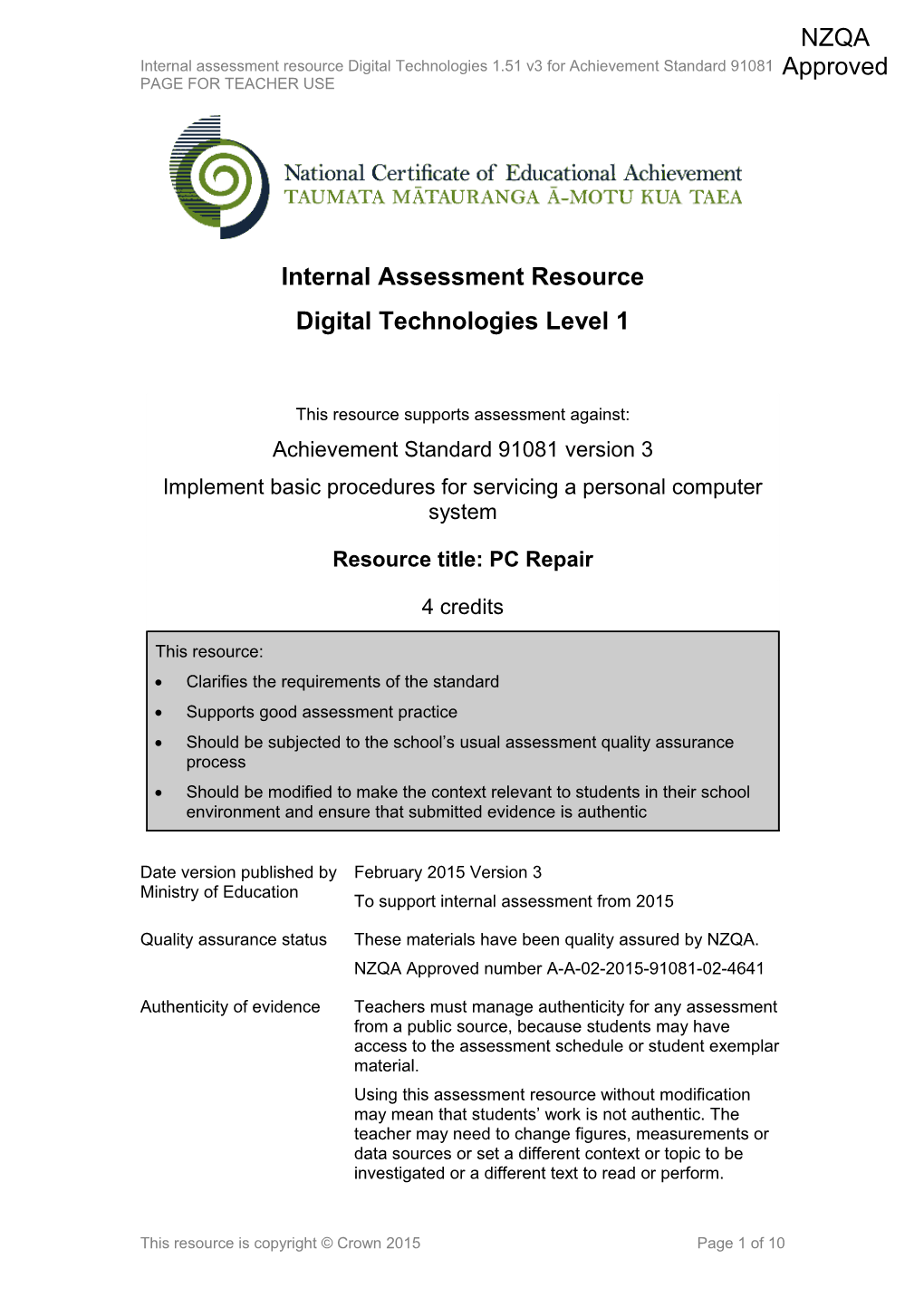Level 1 Digital Technologies Internal Assessment Resource