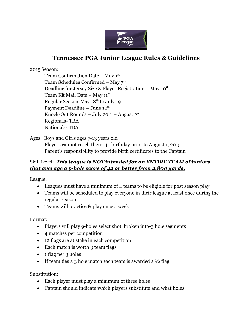 Tennessee PGA Junior League Rules & Guidelines