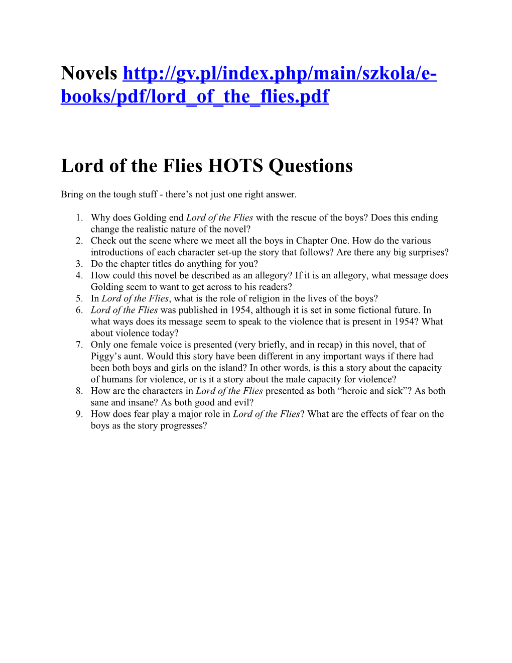 Lord of the Flies HOTS Questions