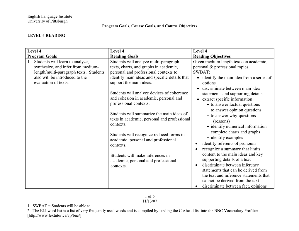 Program Goals, Course Goals, and Course Objectives