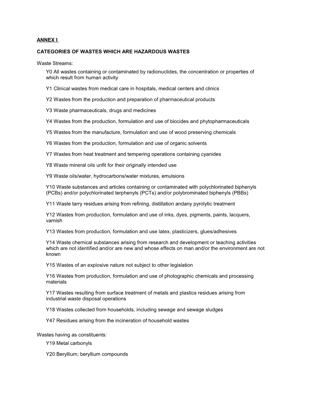 Categories of Wastes Which Are Hazardous Wastes