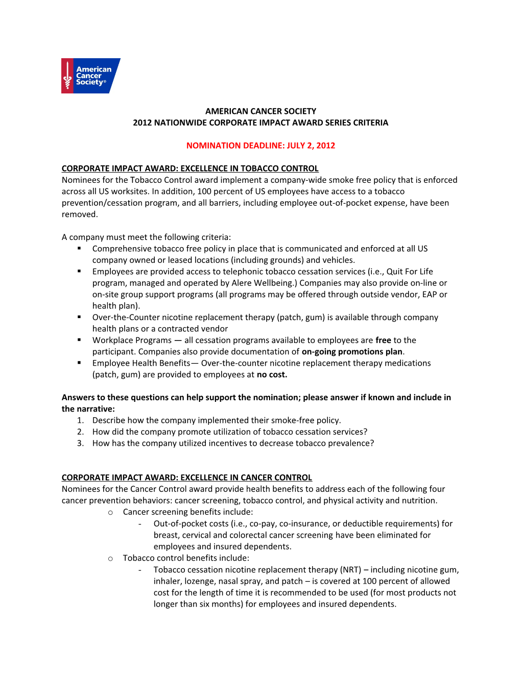 2012 Nationwide Corporate Impact Award Series Criteria