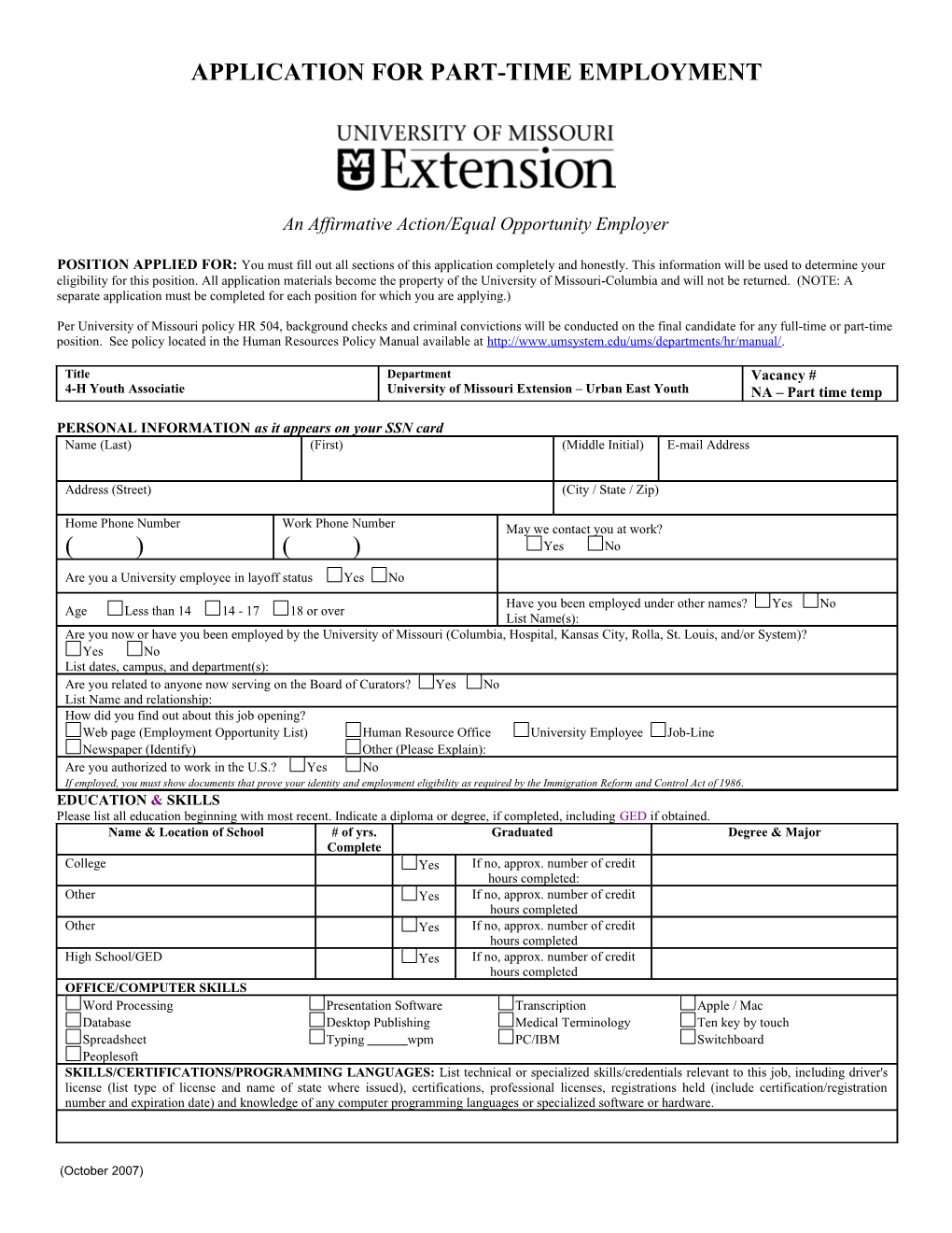 Application for Part-Time Employment