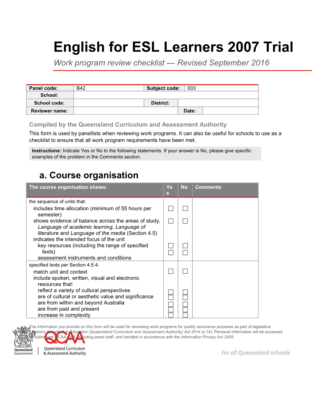 English for ESL Learners 2007 Trial Work Program Review Checklist