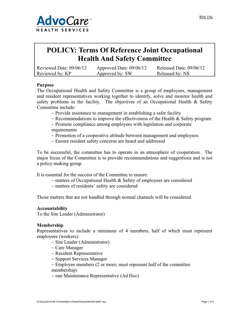 POLICY: Terms of Reference Joint Occupational Health and Safety Committee