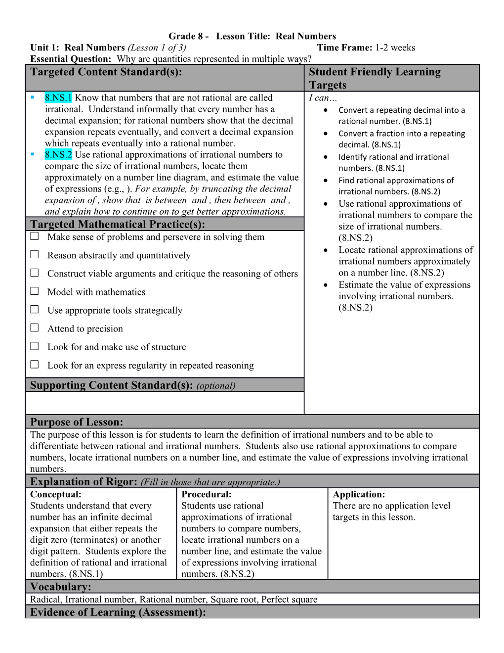 Grade 8 - Lesson Title: Real Numbers