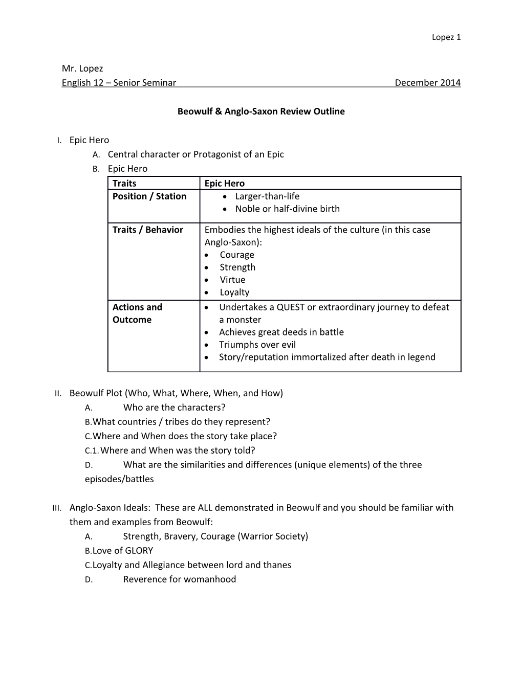 Beowulf & Anglo-Saxon Review Outline