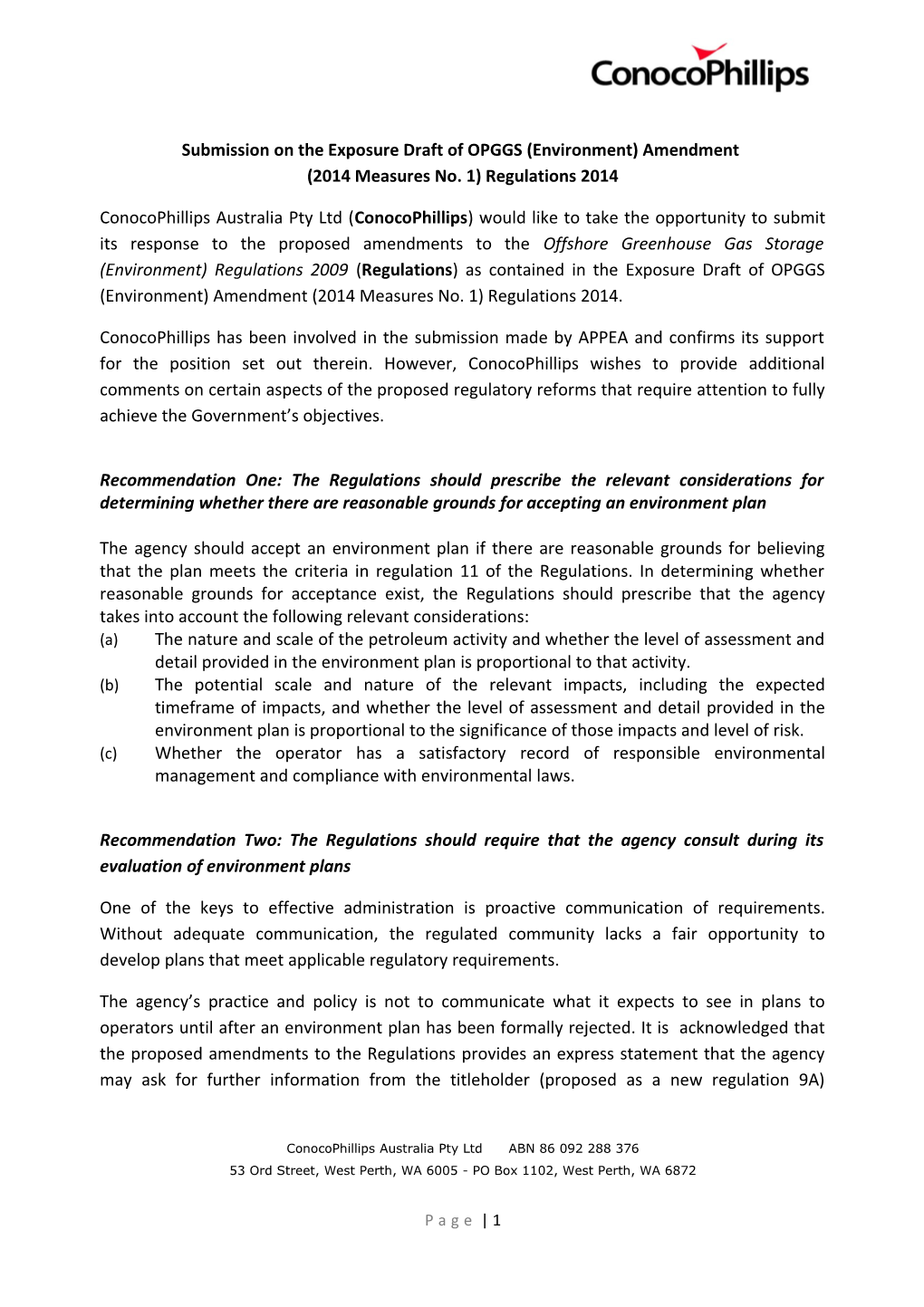Submission on the Exposure Draft of OPGGS (Environment) Amendment (2014 Measures No. 1)