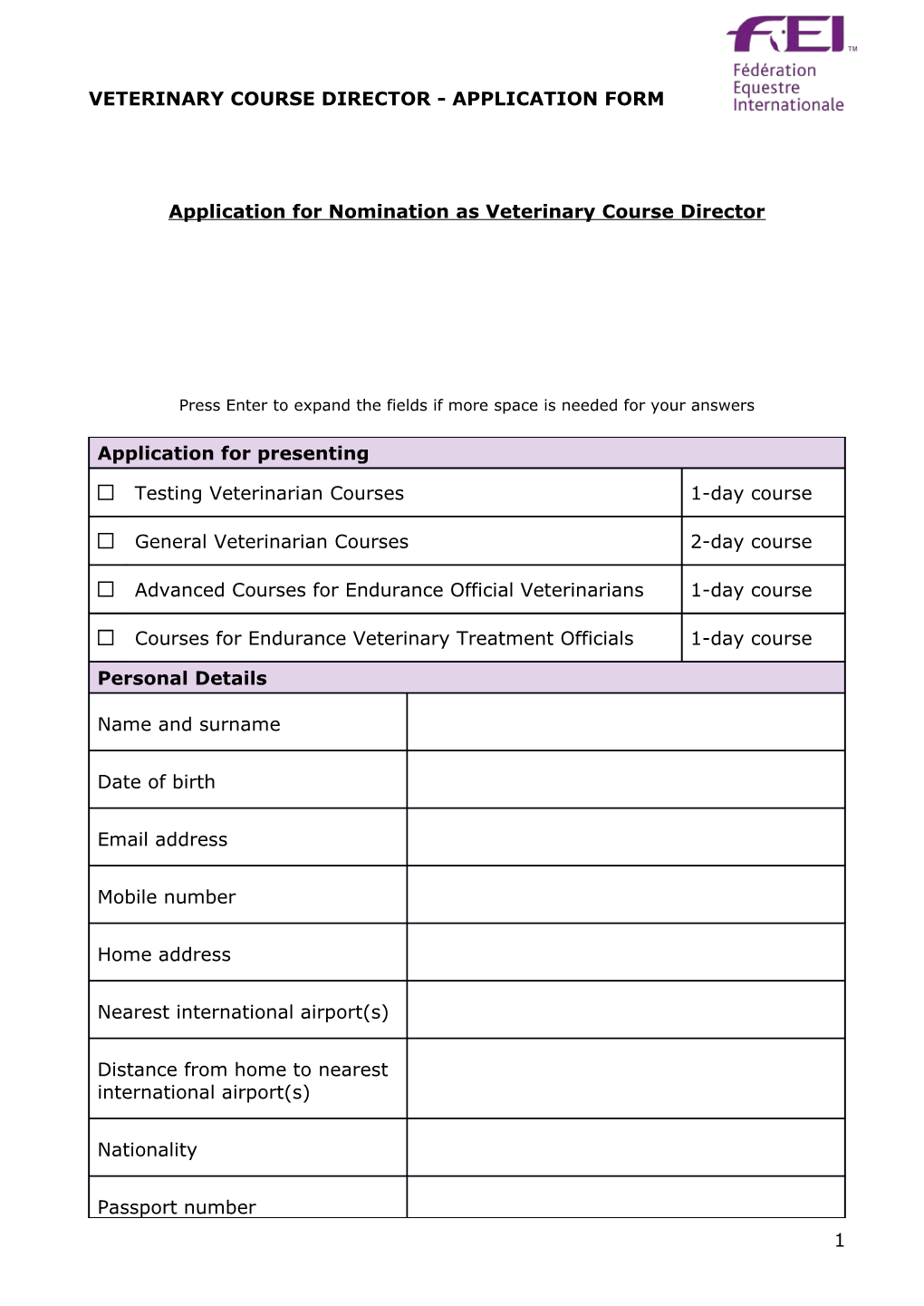 Application for Nomination As Veterinary Course Director