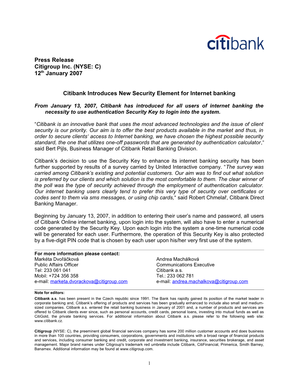 Citibank Introduces New Security Element for Internet Banking