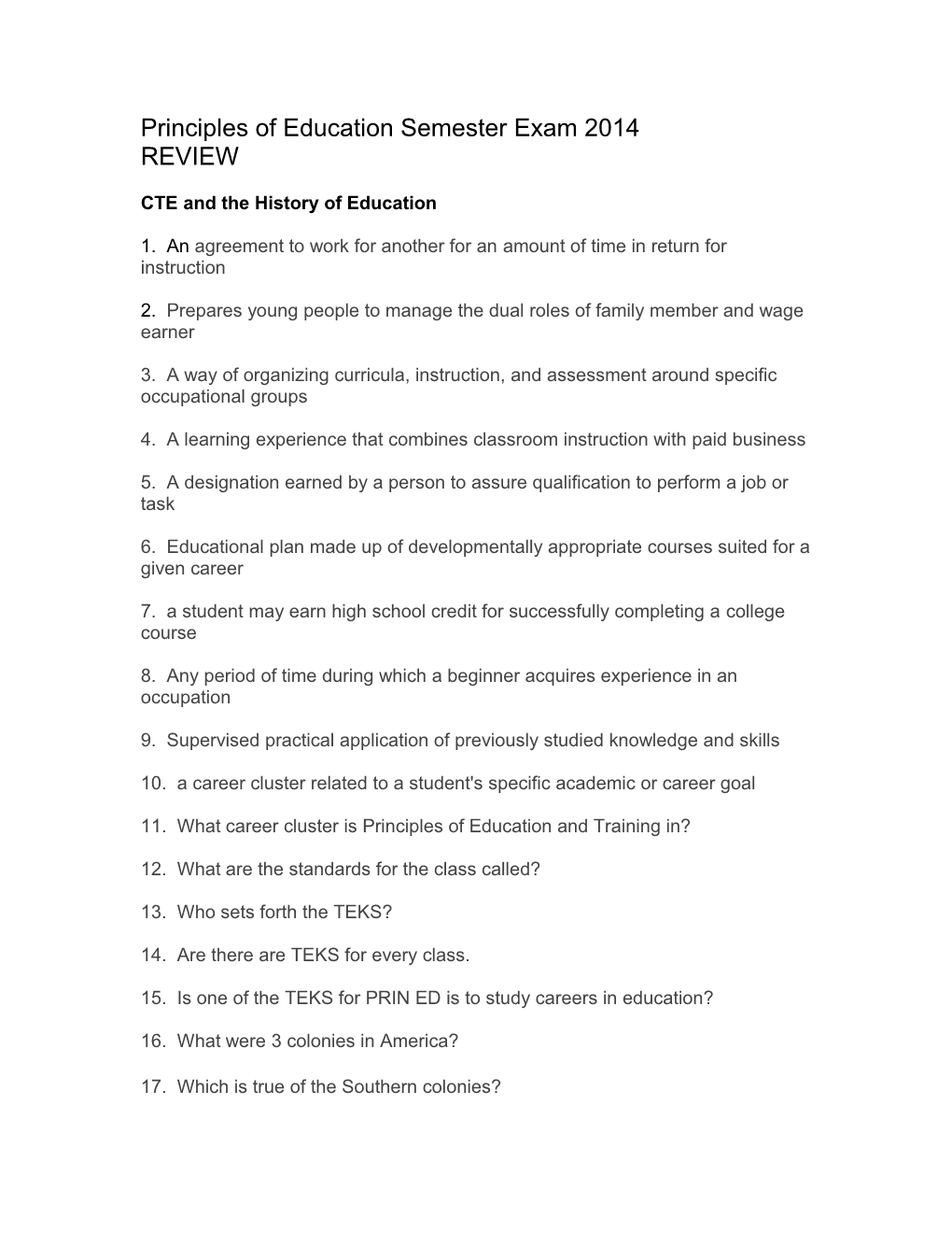 Principles of Education Semester Exam 2014