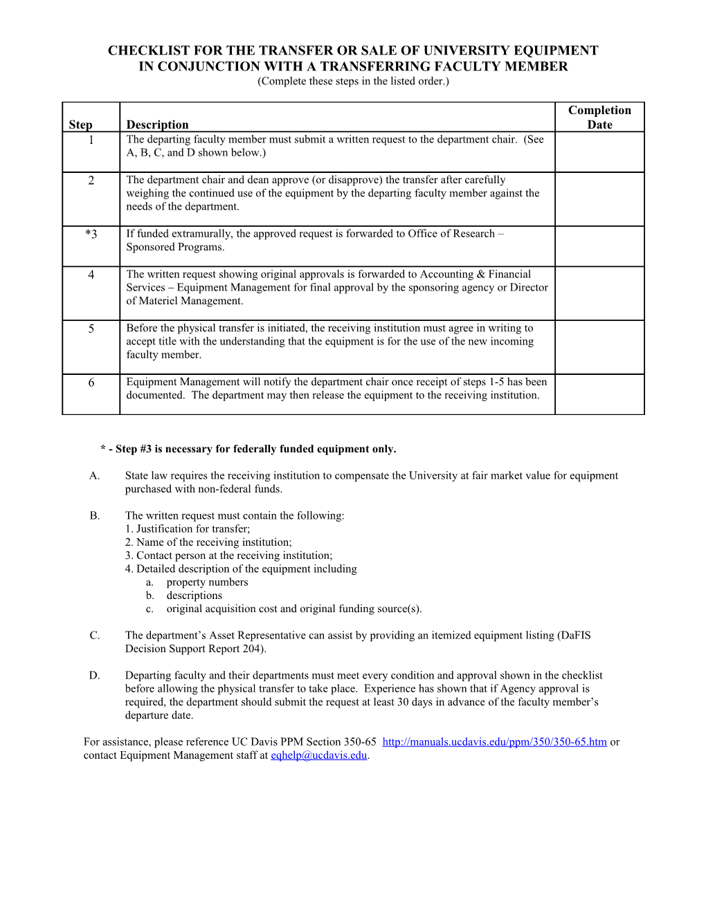 Checklistfor the Transfer Or Sale of University Equipment