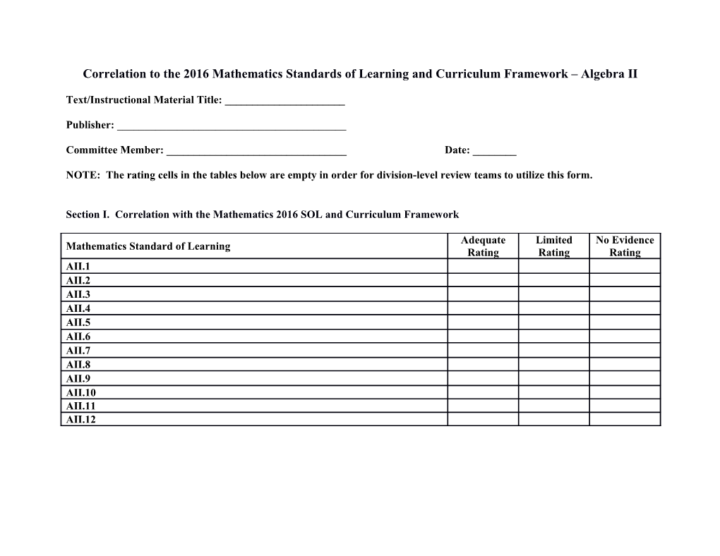 Algebra 2 Textbook Correlation Form