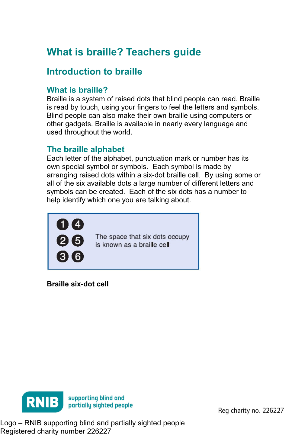 School Learning Pack: What Is Braille? Pupil Handout