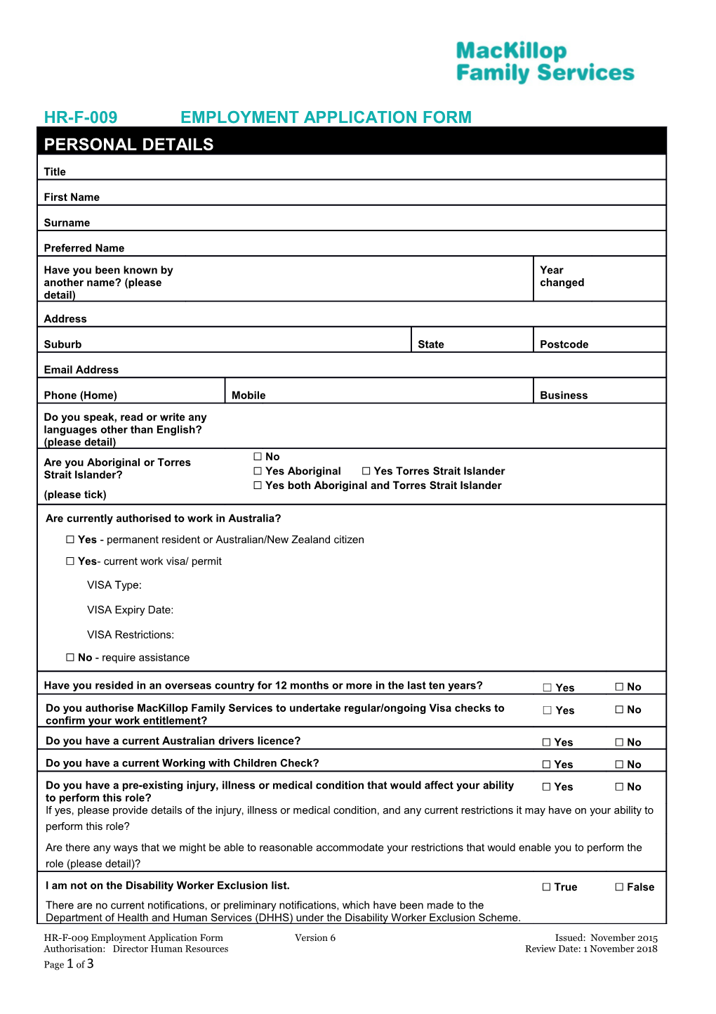 HR-F-009 Application Form