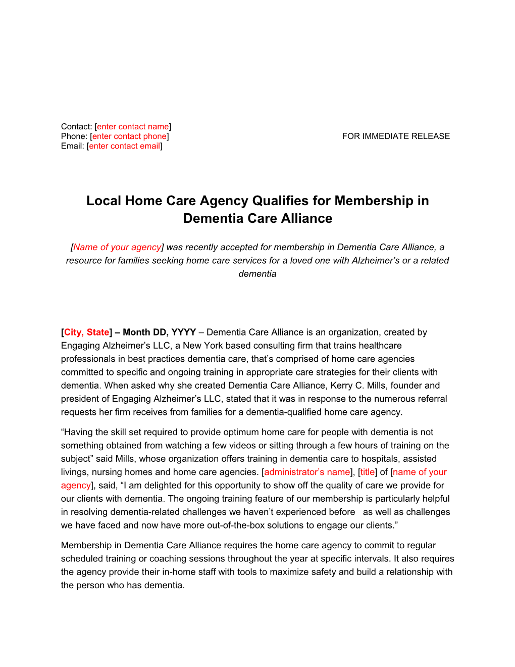 Local Home Care Agency Qualifies for Membership in Dementia Care Alliance