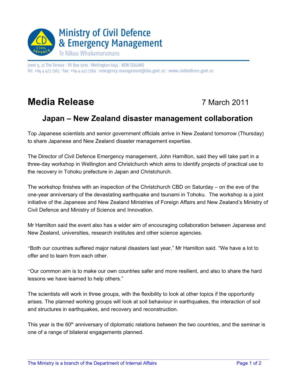 Japan New Zealand Disaster Management Collaboration