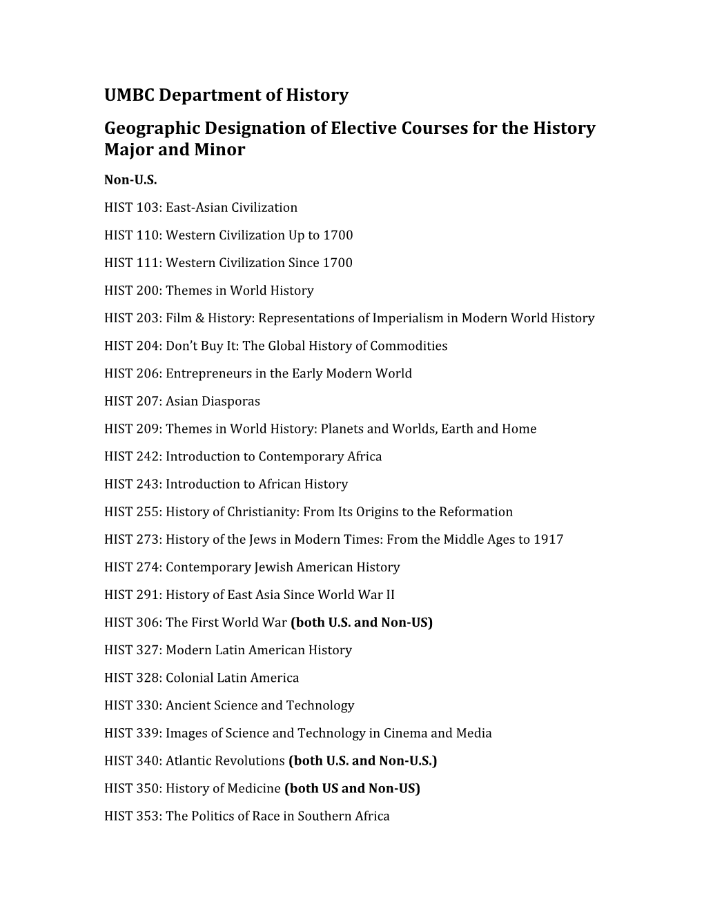 Geographic Designation of Elective Courses for the History Major and Minor