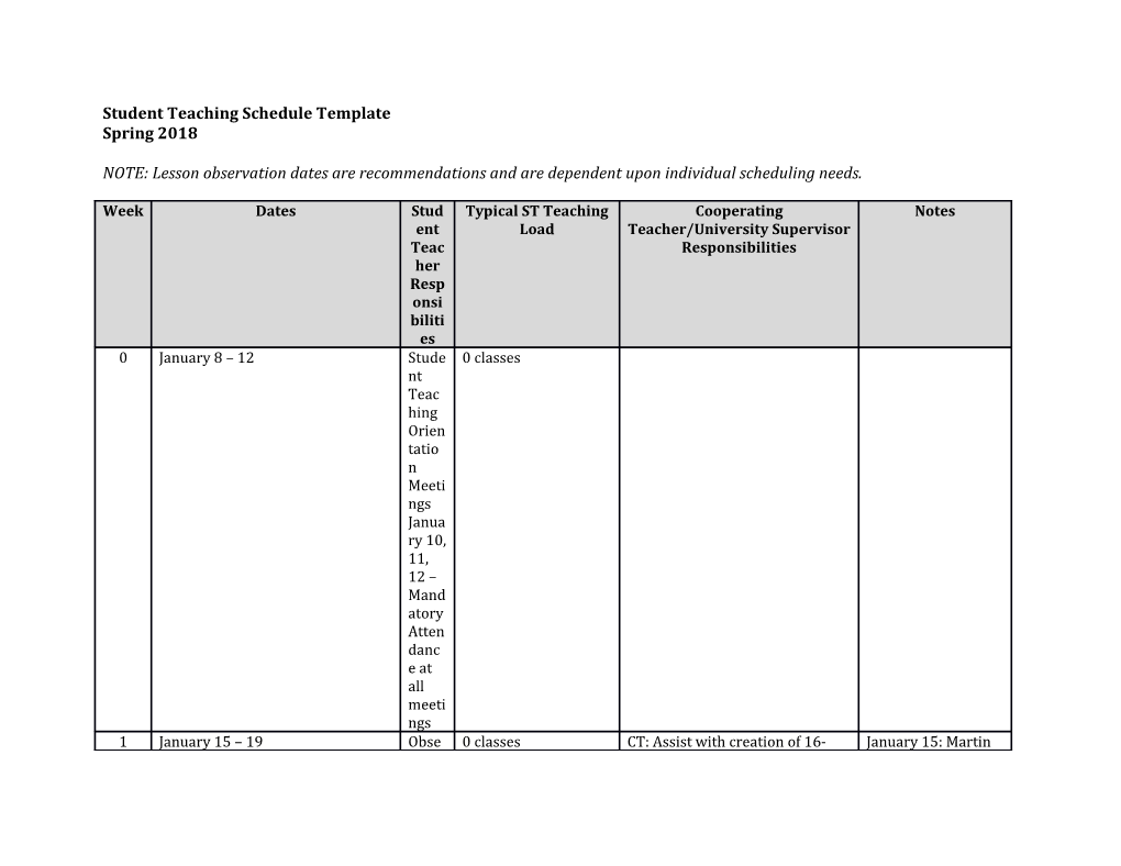 Student Teaching Schedule Template