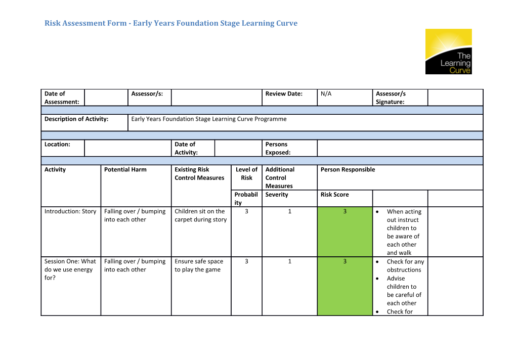 Risk Assessment Form - Early Years Foundation Stage Learning Curve