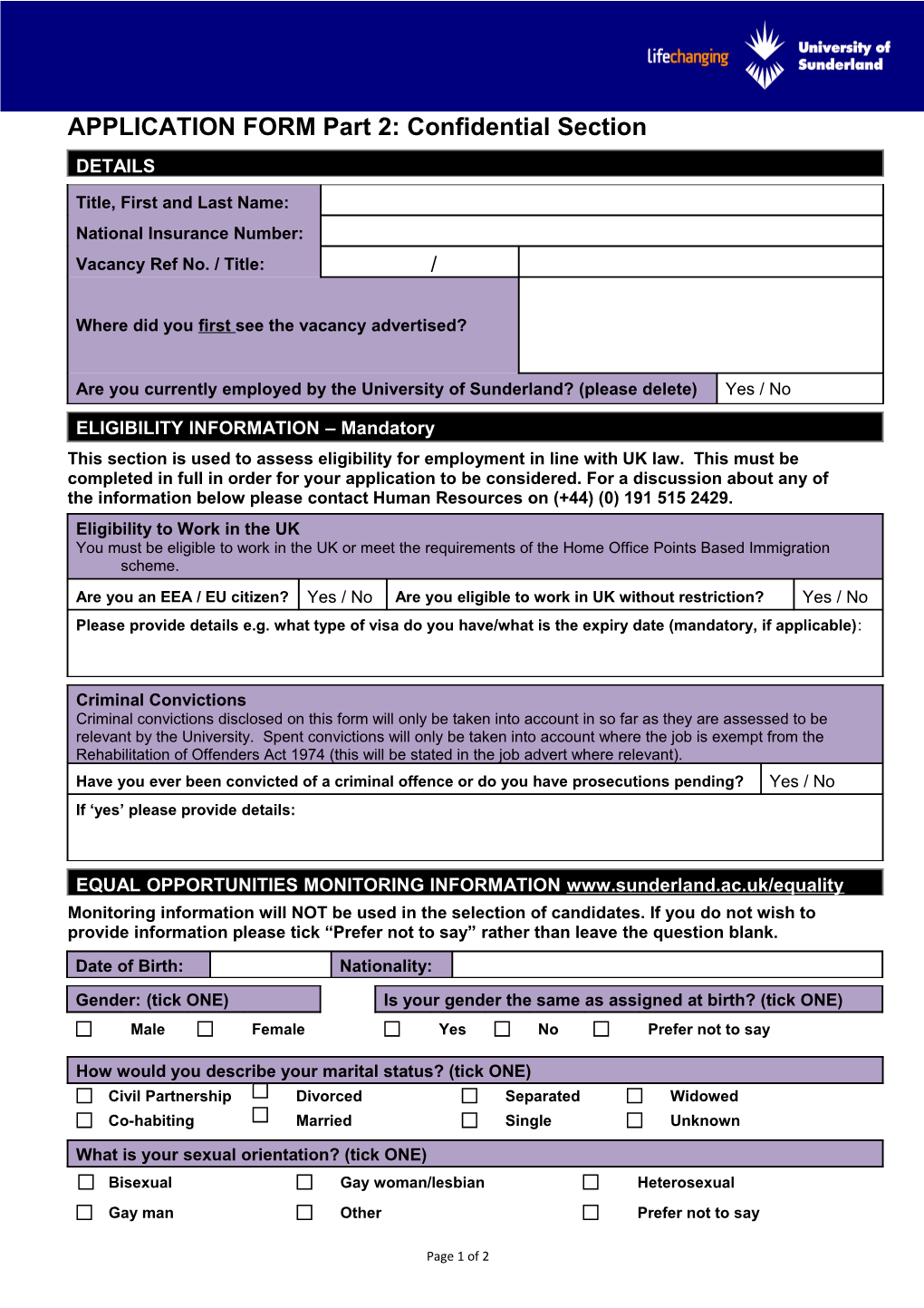 APPLICATION FORM Part 2: Confidential Section