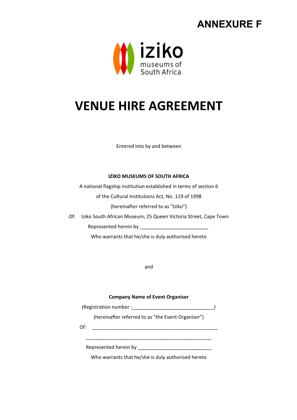 Agreement for Wavehouse Venue Hire