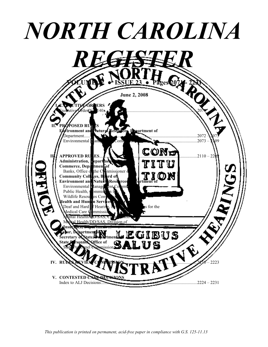 NORTH CAROLINA REGISTER Boilerplate